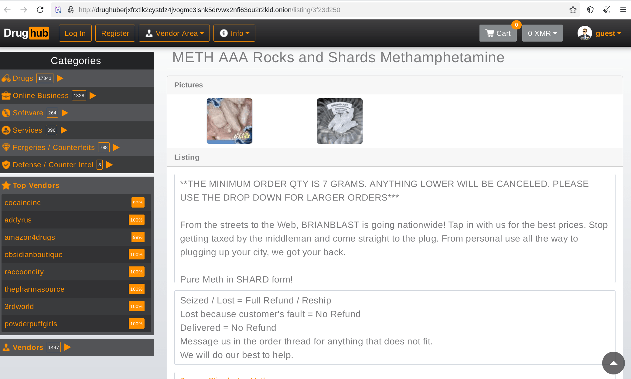 Produktansicht auf DrugHub mit Preis in XMR und Escrow-Hinweis