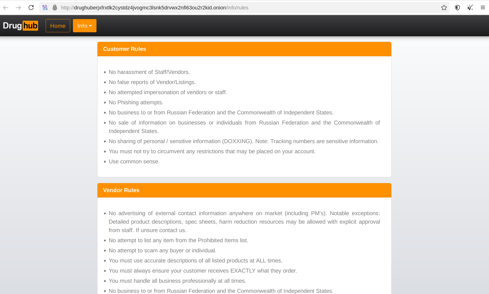 Kachelansicht mit übersichtlichen Marktregeln und verbotenen Inhalten